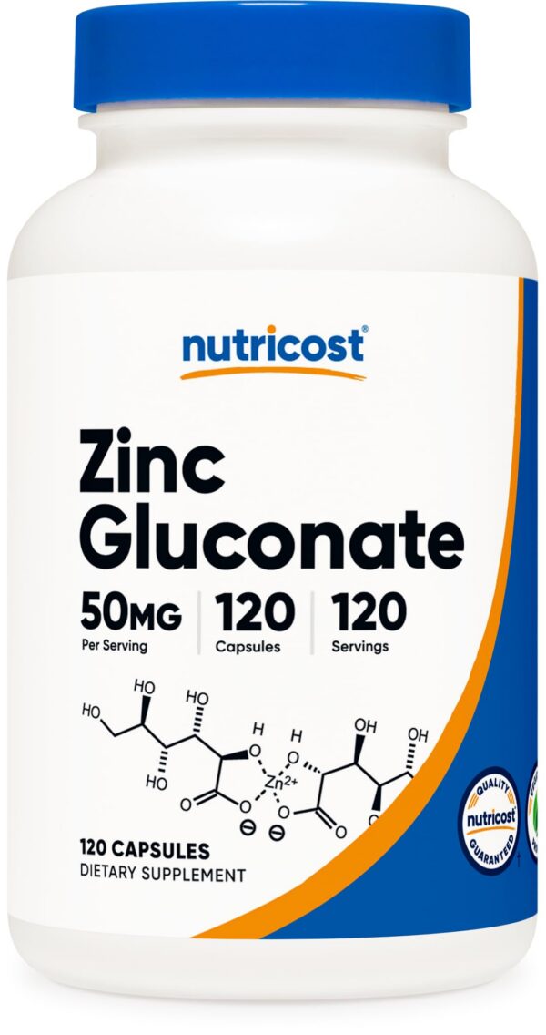 Frontal de Nutricost Zinc gluconato 120 cápsulas
