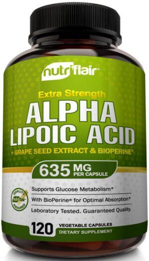 Frasco de NutriFlair Alpha Lipoic Acid 600 mg con etiqueta