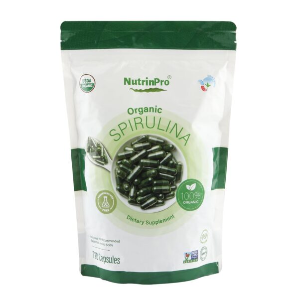 Frasco de cápsulas de espirulina orgánica NUTRINPRO 720 unidades