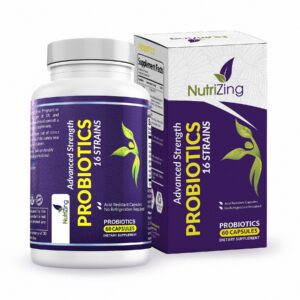 Frasco de probióticos veganos NutriZing para salud digestiva