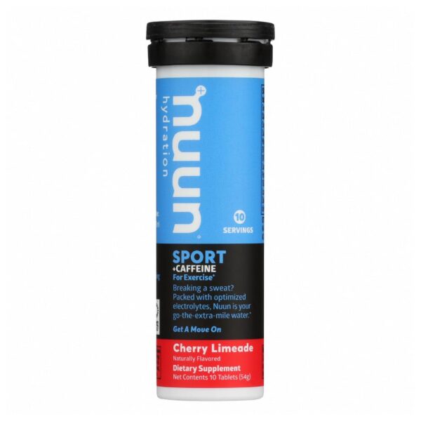 Tabletas Nuun Energy sabor cereza-lima frente a tubo