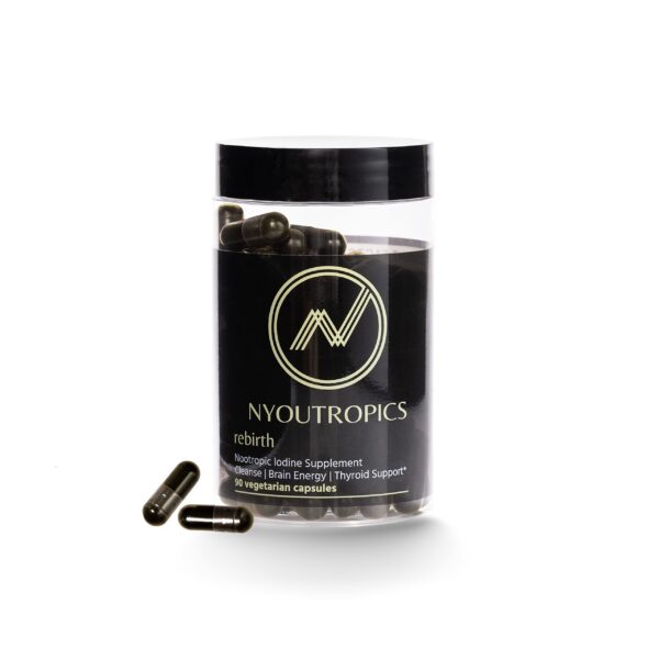 Frasco de Rebirth NYOUTROPICS con cápsulas veganas