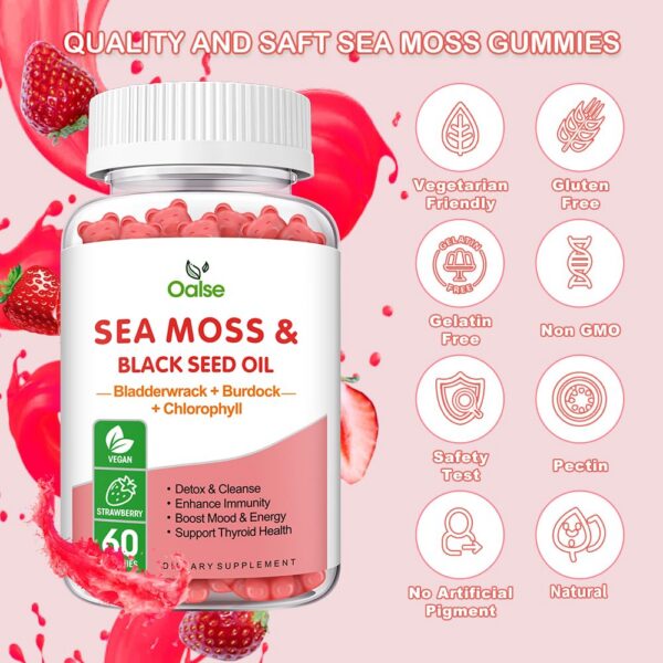 Gomitas rojas Sea Moss OALSE sobre fondo blanco