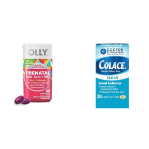 Frente del paquete OLLY Prenatal Softgels y Colace