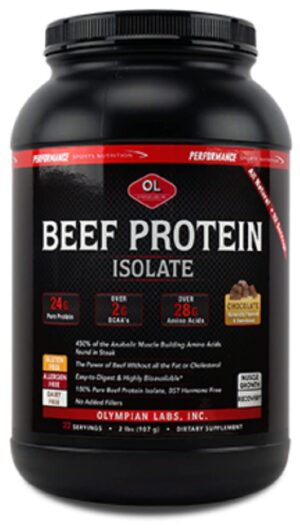 Version 1.0.0 Frente de la etiqueta de Olympian Labs Beef Protein Isolate Powder