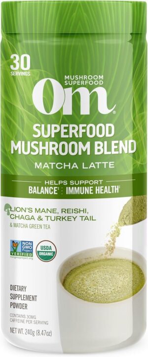Om Mushroom polvo latte matcha superalimento 240g recipiente