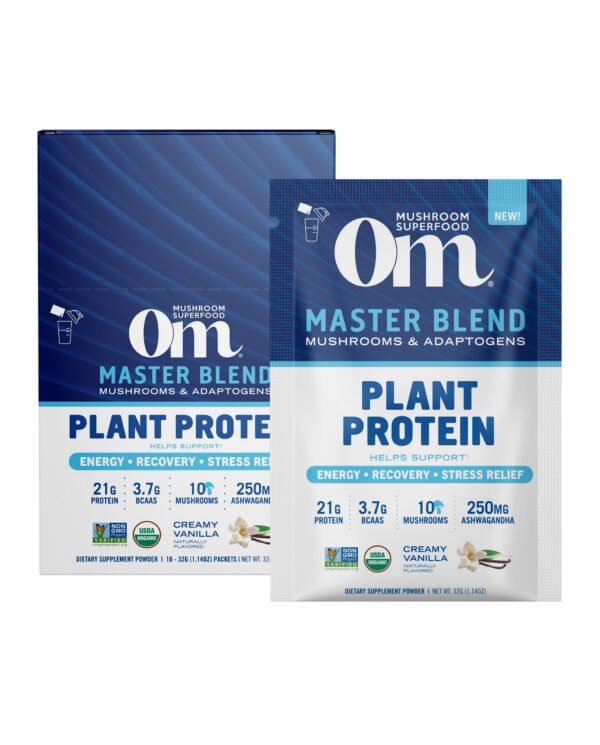 Version 1.0.0 OM Mushroom Superfood Master Blend proteína vegetal vainilla 10 pk