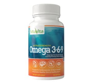Frasco de cápsulas blandas Omega 3-6-9 con fórmula única