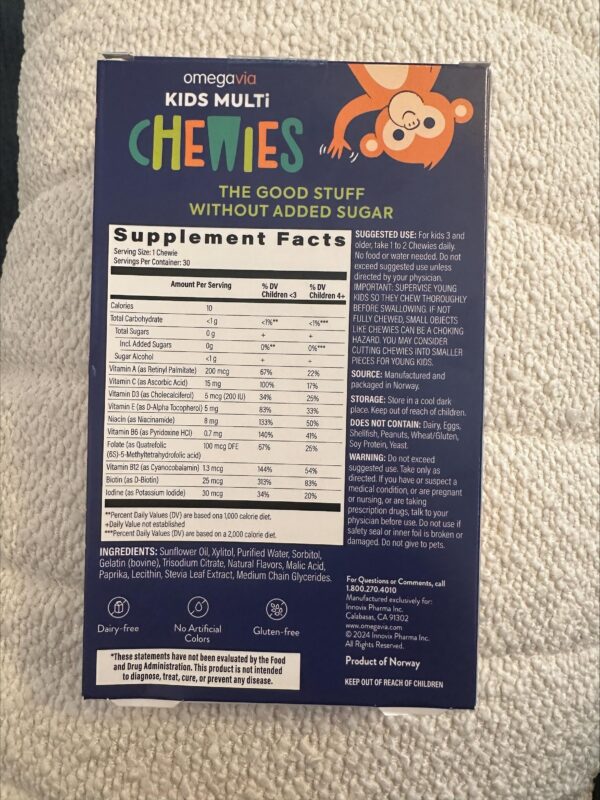 Etiqueta frontal y envase de gomitas para niños