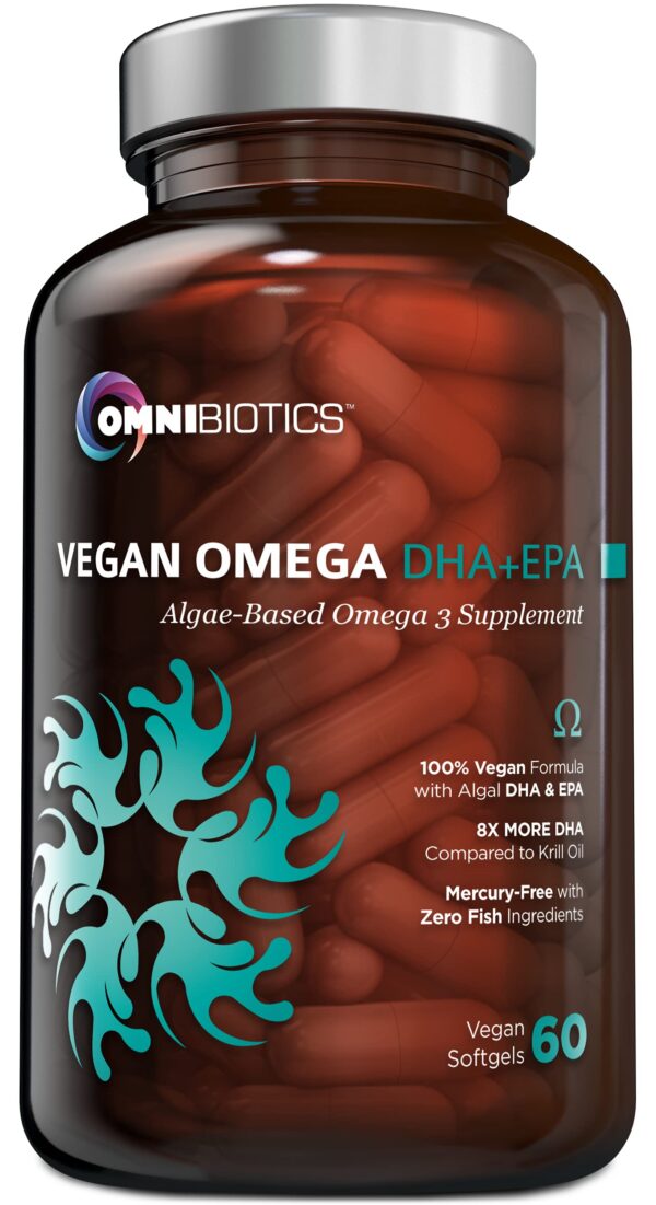 Frasco de OmniBiotics Omega-3 vegano con DHA EPA
