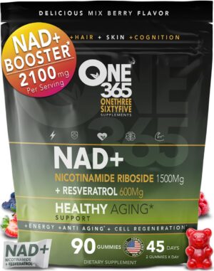Frente del envase de ONE 365 NAD Gomitas NR 1500mg Resveratrol