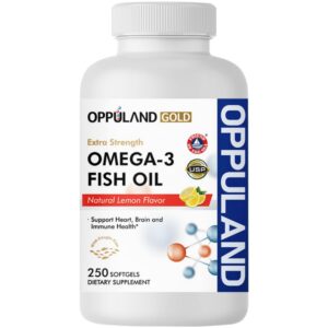 Bottle of oppuland omega-3 fish oil 250 softgel capsules
