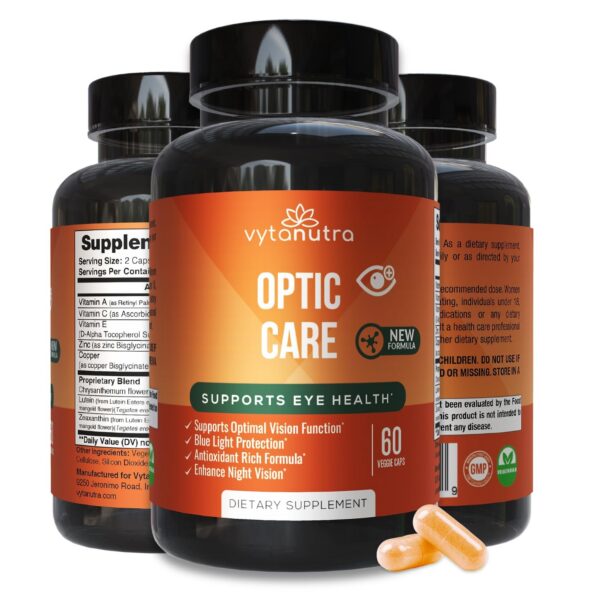 Botella de Optic Care Eye Vitamins con etiqueta frontal