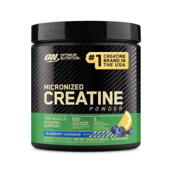 Frasco de Optimum Nutrition Creatine Monohydrate con etiqueta frontal