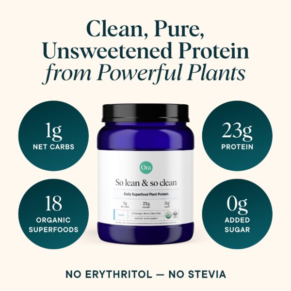 Frasco de proteína limpia vegana Ora Organic con etiquetas