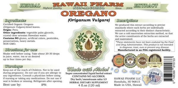 Etiqueta extracto natural de orégano Hawaii Pharm