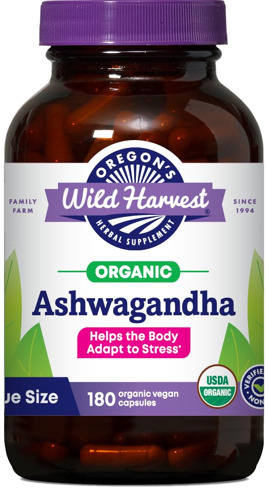 Version 1.0.0 Oregon's Wild Harvest Ashwagandha orgánica botella frontal 180 cápsulas
