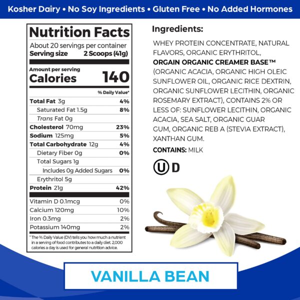 Etiqueta de Orgain proteina de suero vainilla