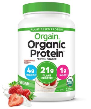 Envase frontal Orgain proteina vegetal Strawberries & Cream