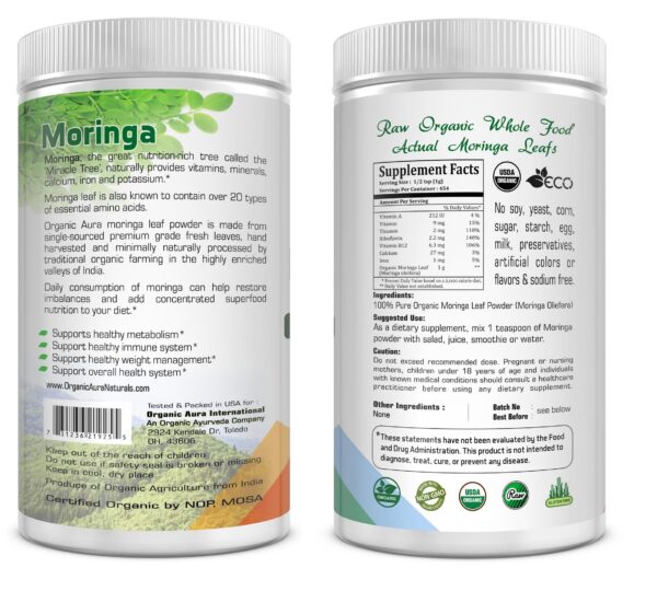 Etiqueta de moringa orgánica certificado USDA