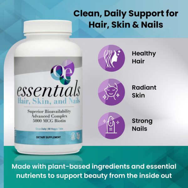 Envase de Organic Excellence biotina 5000 mcg, 90 cápsulas