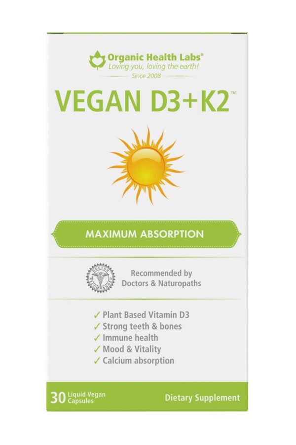 Frasco Organic Health Labs Vegan D3 + K2 30 cápsulas vegetales