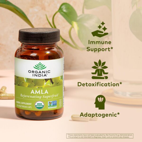 Envase frontal suplemento Amla orgánico Organic India 90 cápsulas