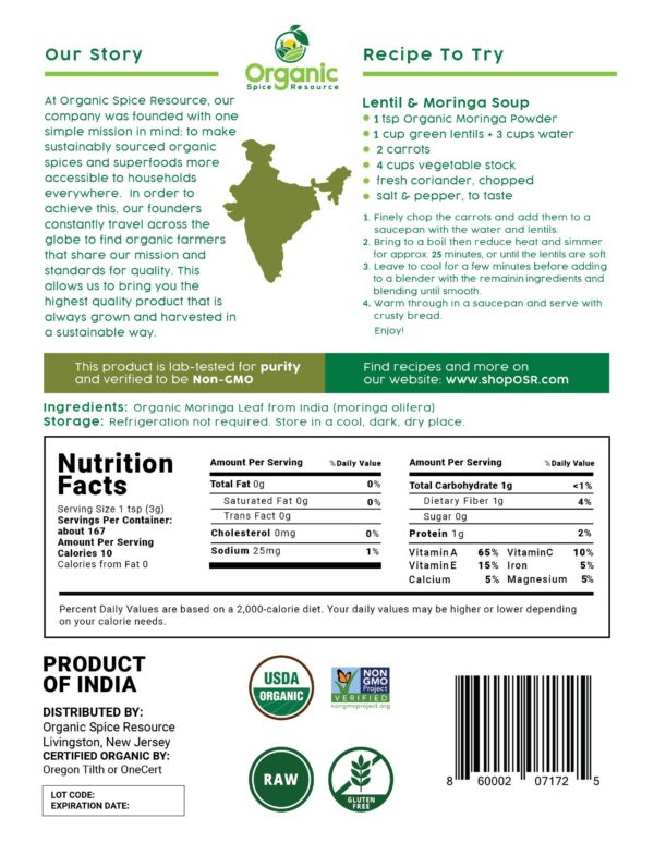 Moringa orgánico sin gluten en envase