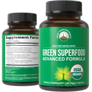 Organic Super Greens cápsulas frasco con etiqueta Peak Performance