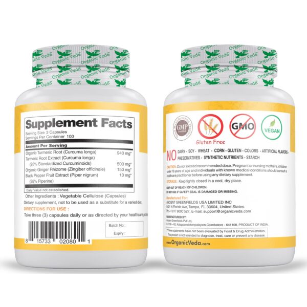Organic Veda cápsulas cúrcuma y jengibre envase lateral