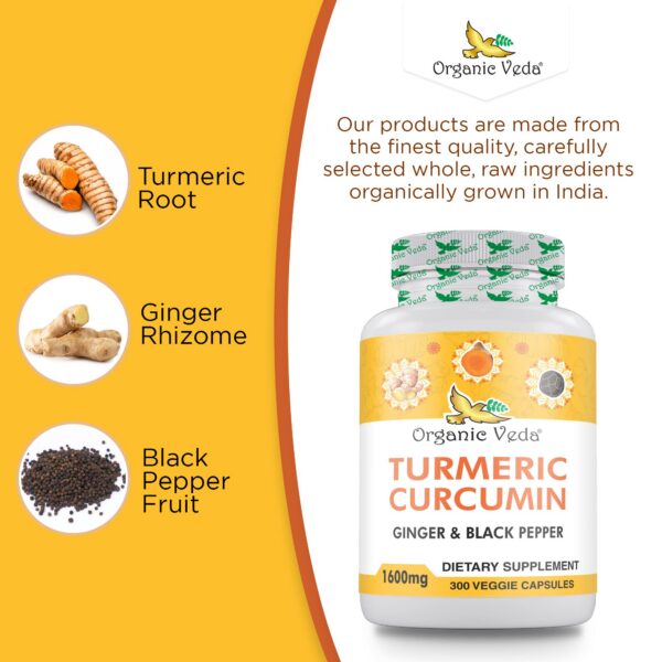 Organic Veda cápsulas cúrcuma y jengibre mostrando tamaño