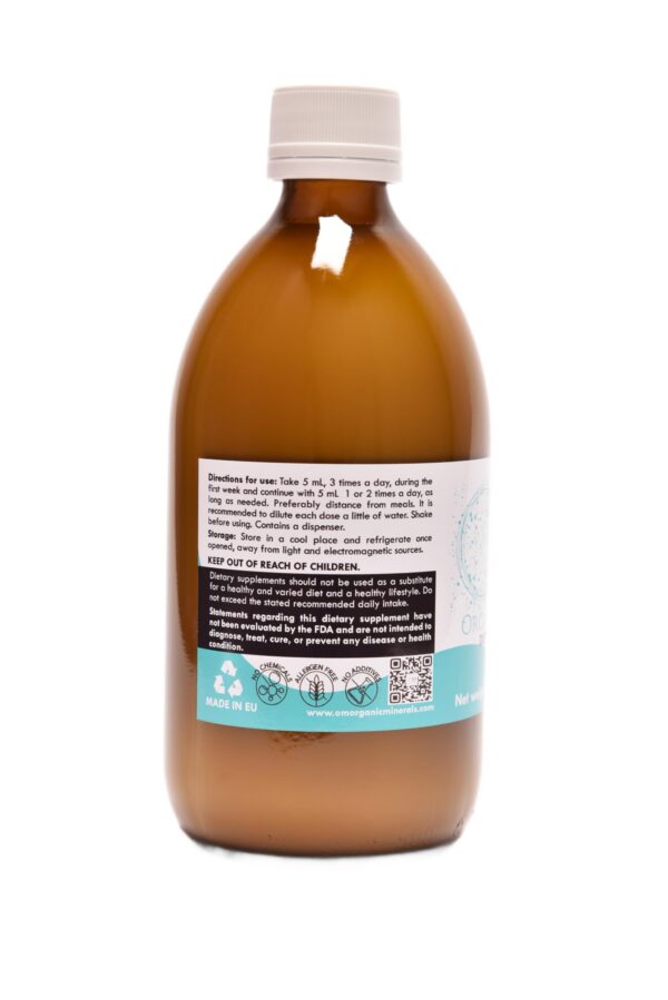 Frasco de vidrio Ormus Organic Minerals vista lateral
