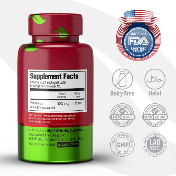 ORZAX caja vitamina b12 5000 mcg tabletas sabor cereza 120 unidades
