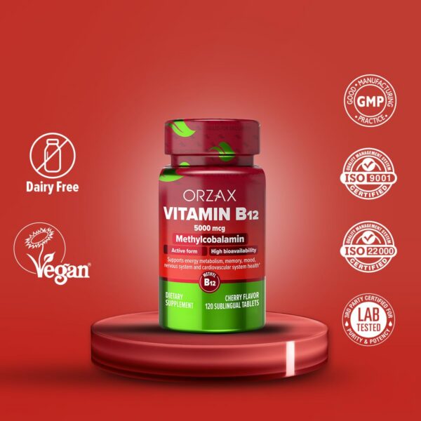 ORZAX detalle tabletas vitamina b12 5000 mcg sabor cereza suplemento salud