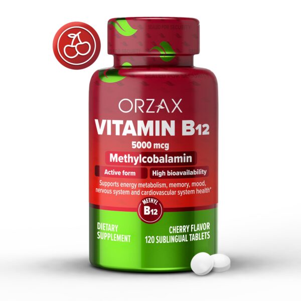 ORZAX suplemento vitamina b12 5000 mcg paquete 120 tabletas cereza