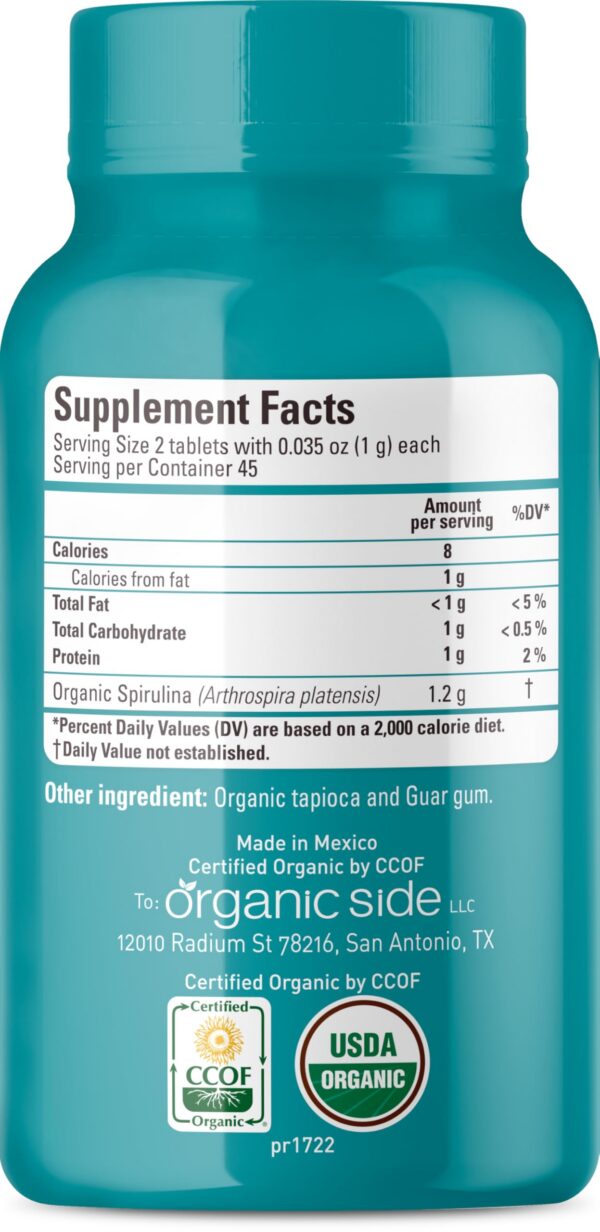 Tabletas de espirulina OS Organic Side mostrando ingredientes