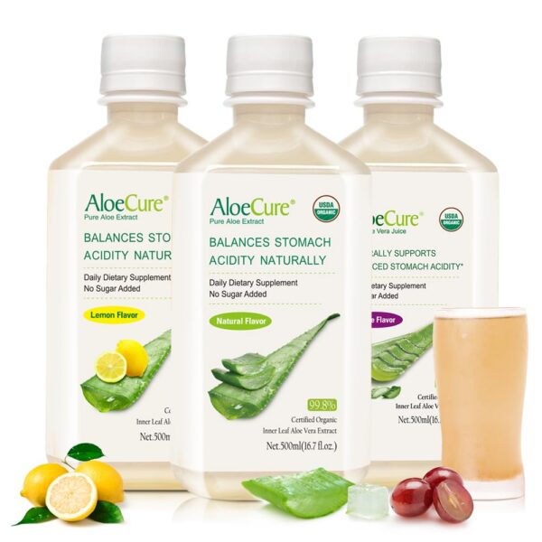 Pack muestra jugo aloe vera AloeCure sabores limón, uva y natural