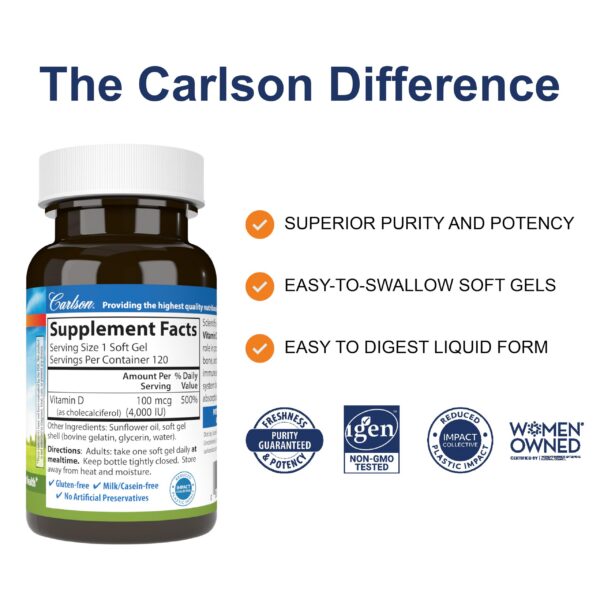 Paquete de 120 cápsulas blandas vitamina D3 Carlson