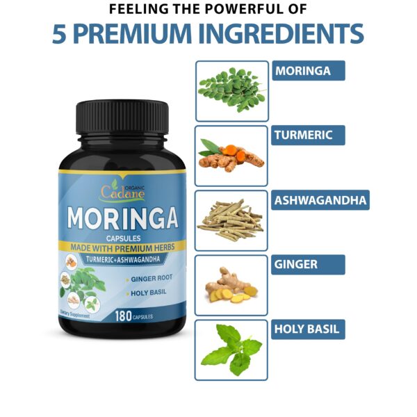 Paquete de 180 cápsulas extracto moringa Ashwagandha Tulsi