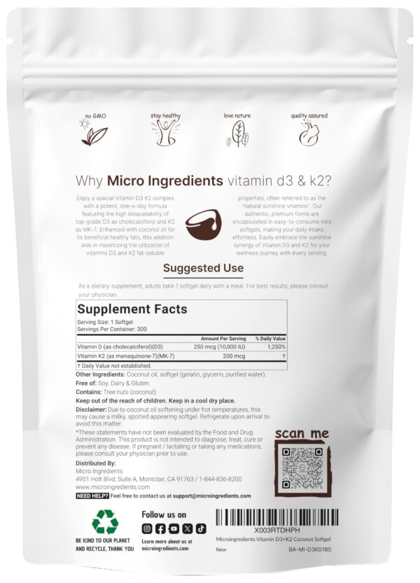 Version 1.0.0 Paquete 2 de 300 cápsulas vitamina D3 10000iu y K2 200mcg Micro Ingredients