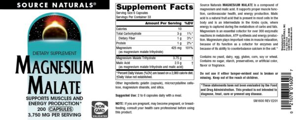 Paquete de 200 cápsulas Source Naturals malato de magnesio para energía