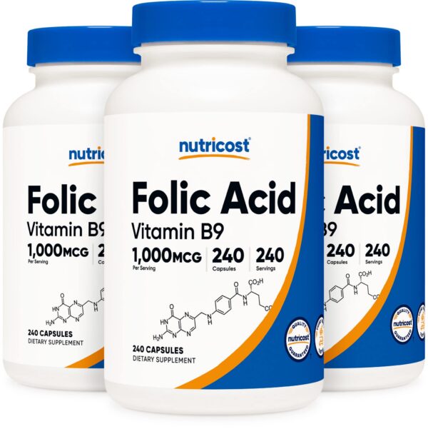 Paquete de 3 botellas Nutricost ácido fólico 1000 mcg