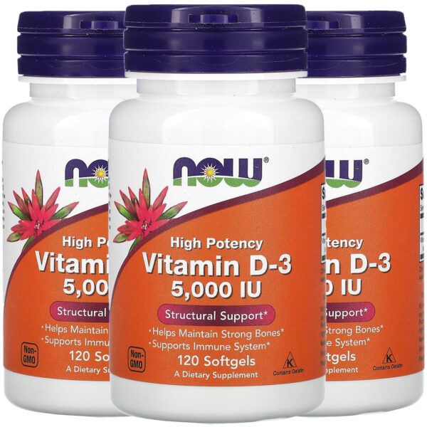 Paquete de 3 Now Foods Vitamina D-3 5000 IU 120 softgels cada uno