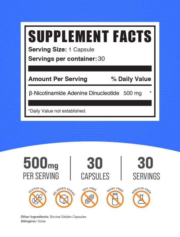 Paquete 30 cápsulas NAD BulkSupplements para salud diario