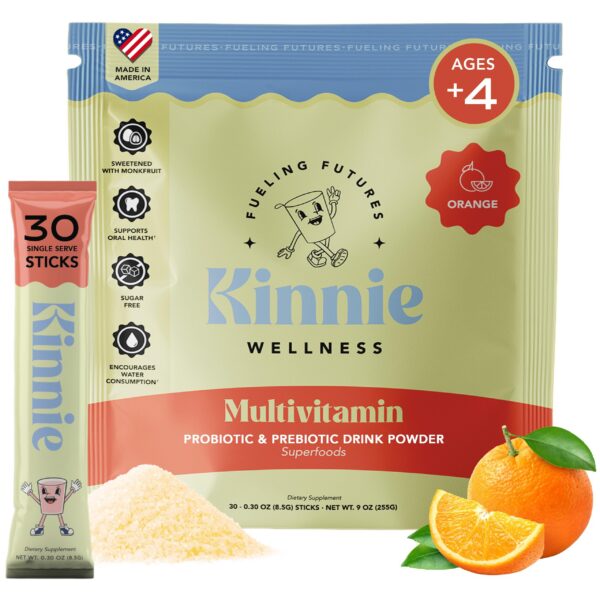 Paquete de 30 sticks Kinnie Kids multivitaminas sabor naranja
