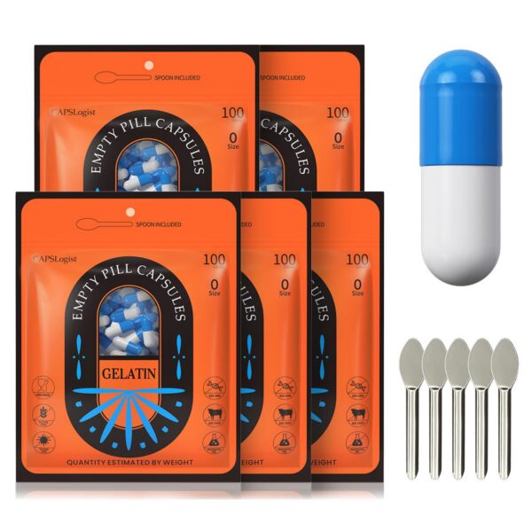 Version 1.0.0 Paquete 500 cápsulas vacías azul y blanco CAPSLogist tamaño 0
