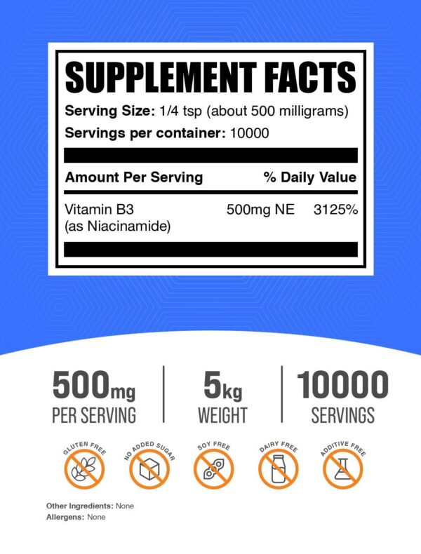 Paquete 5kg de Niacinamida polvo BulkSupplements vista lateral