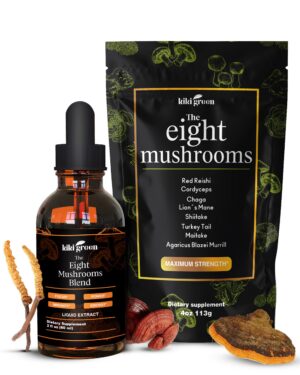 Paquete de polvo y extracto líquido de 8 hongos KIKI Green