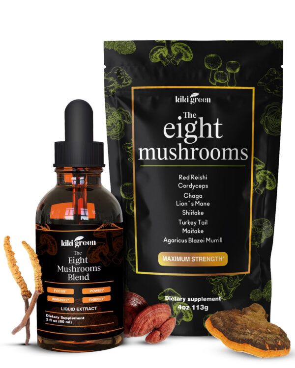 Paquete de polvo y extracto líquido de 8 hongos KIKI Green