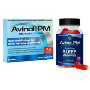 Paquete Avinol PM suplemento natural para dormir tabletas y gomitas